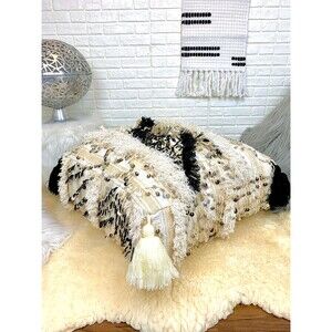 Vintage Berber Handira Pouf: Moroccan Floor Pillow with Sequins 03YL0436